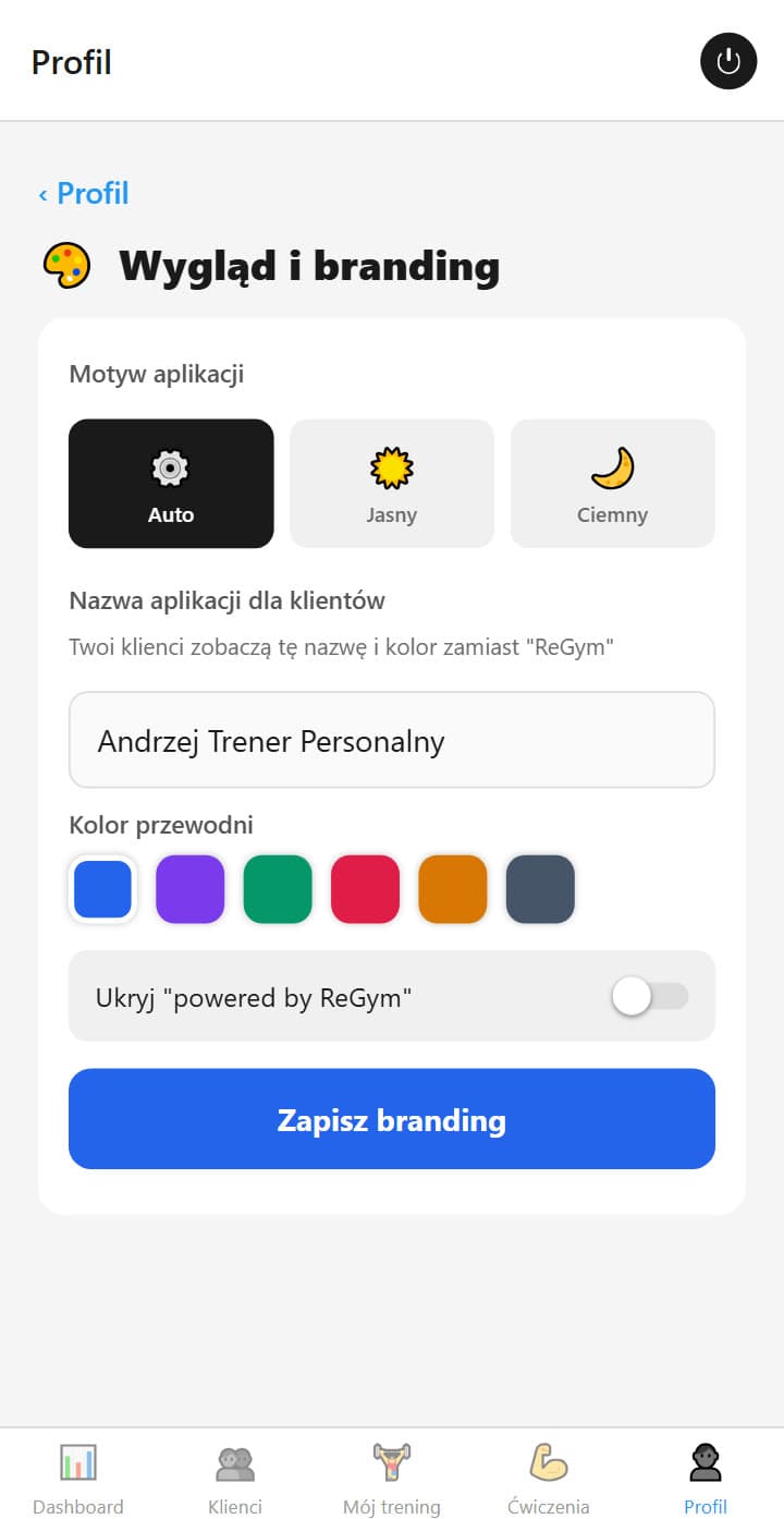 Ekran aplikacji ReGym: Aplikacja w barwach Twojej marki