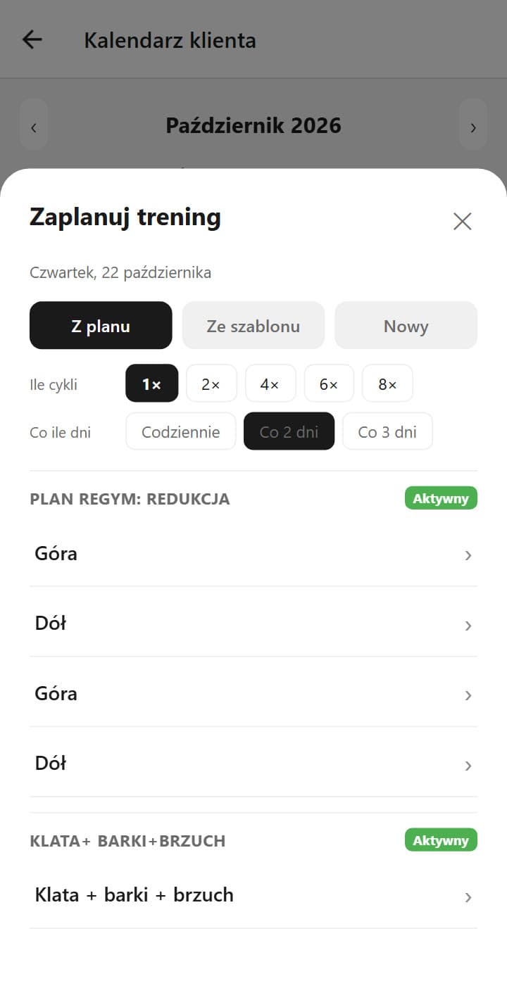 Ekran aplikacji ReGym: Cały cykl w kalendarzu jednym kliknięciem